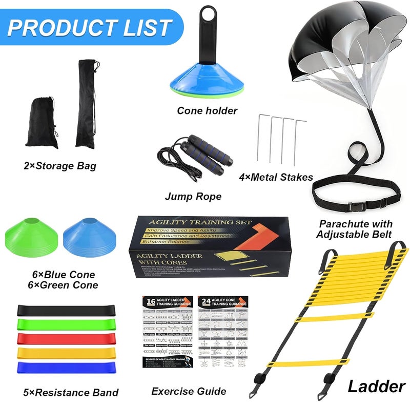 grestar Speed Agility Training Equipment Set, Agility Ladder 20ft, 12 Football Cones, Resistance Parachute/Soccer Kick Trainer, Jump Rope, 5 Resistance Bands, Football Practice Equipment for Kids Adults - Image 2